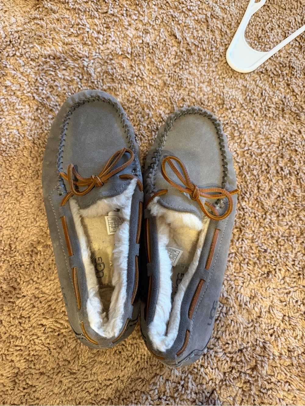 UGG Gray Suede Shearling Moccasin Slippers with Chestnut Laces